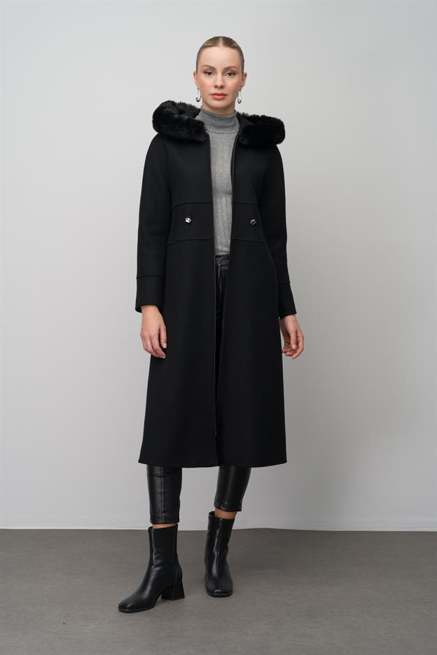 Fur-Lined Hooded Drawstring Waist Wool Blend Coat BLACK 6633