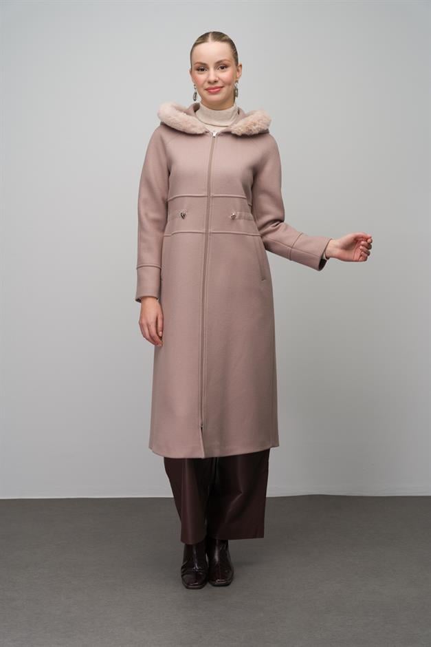 Fur-Lined Hooded Drawstring Waist Wool Blend Coat IVORY 6633