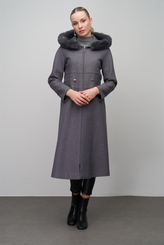 Fur-Lined Hooded Drawstring Waist Wool Blend Coat GREY 6633