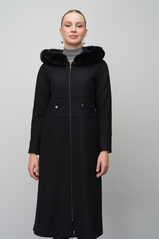 Fur-Lined Hooded Drawstring Waist Wool Blend Coat BLACK 6633