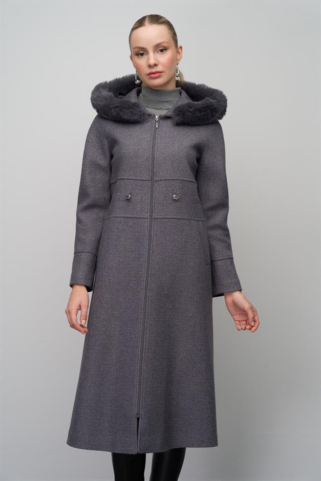 Fur-Lined Hooded Drawstring Waist Wool Blend Coat GREY 6633