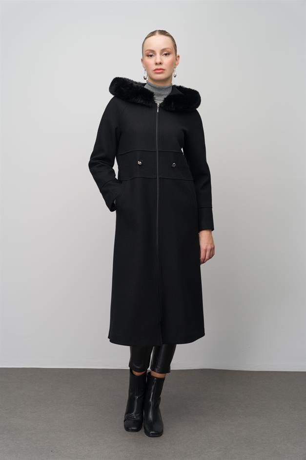 Fur-Lined Hooded Drawstring Waist Wool Blend Coat BLACK 6633