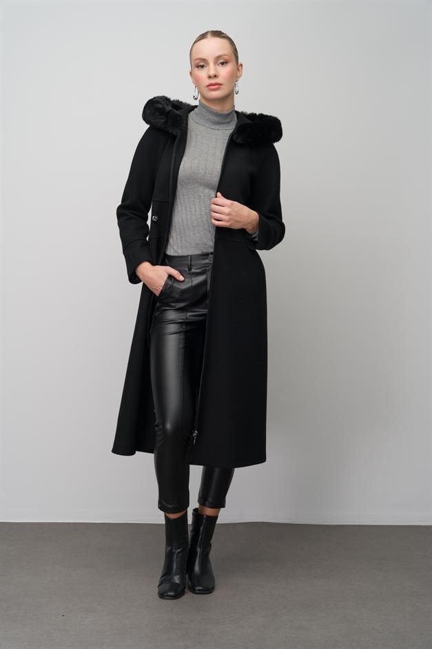 Fur-Lined Hooded Drawstring Waist Wool Blend Coat BLACK 6633