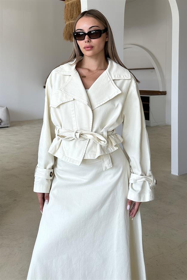 Crop Denim Jacket with Belt Detail IVORY 8277