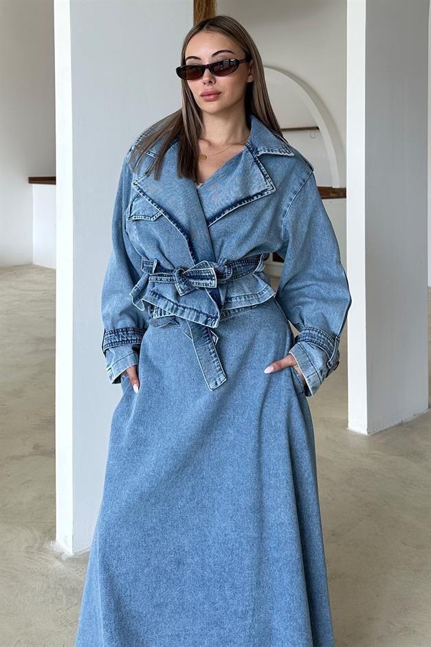 Crop Denim Jacket with Belt Detail BLUE 8277