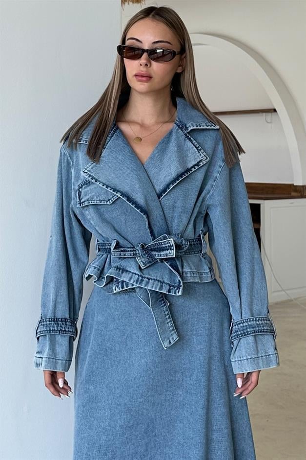 Crop Denim Jacket with Belt Detail BLUE 8277