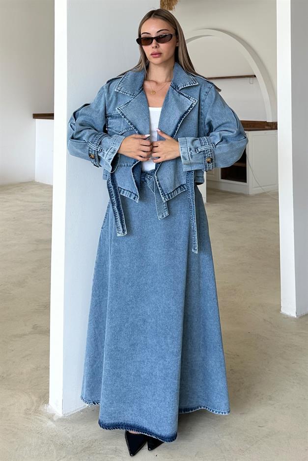 Crop Denim Jacket with Belt Detail BLUE 8277