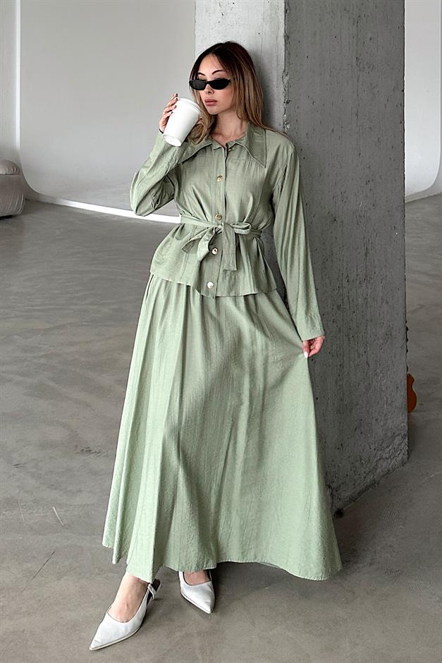 Belt Detailed Skirt and Jacket Set LIGHT GREEN 9348-TK