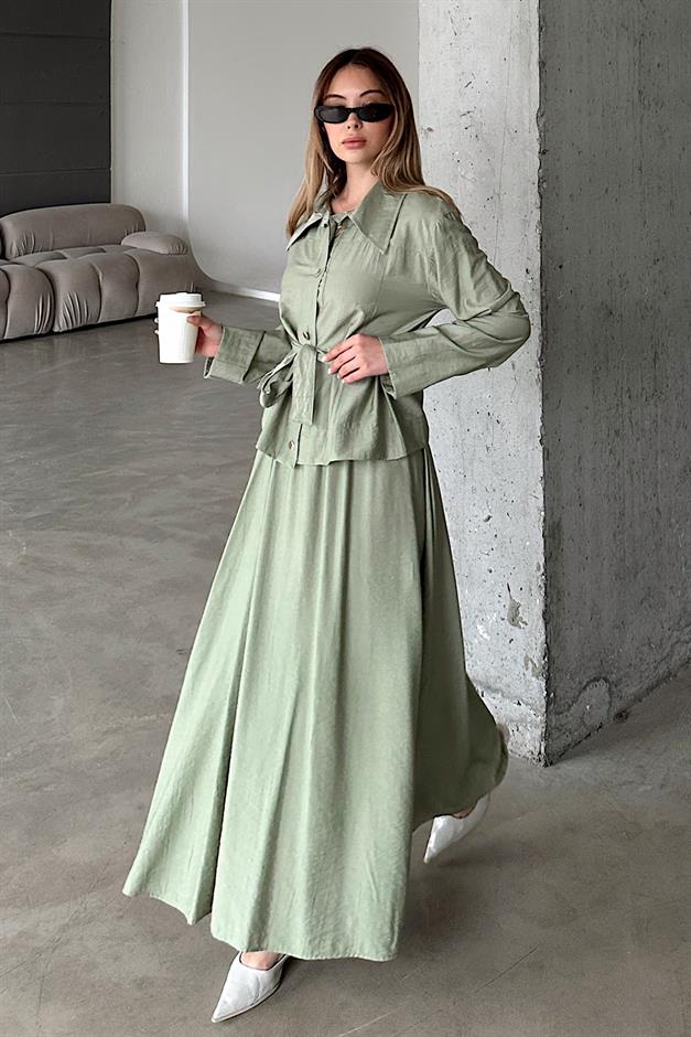 Belt Detailed Skirt and Jacket Set LIGHT GREEN 9348-TK