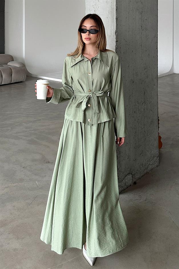 Belt Detailed Skirt and Jacket Set LIGHT GREEN 9348-TK