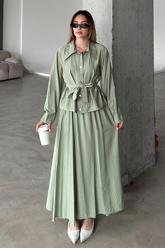 Belt Detailed Skirt and Jacket Set LIGHT GREEN 9348-TK
