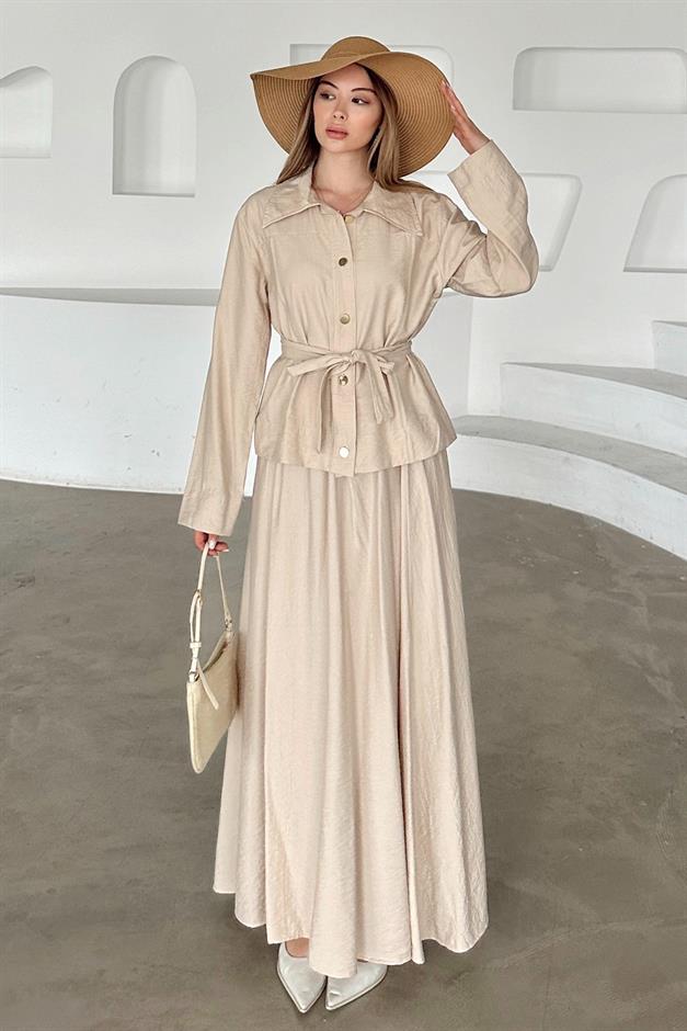 Belt Detailed Skirt and Jacket Set IVORY 9348-TK