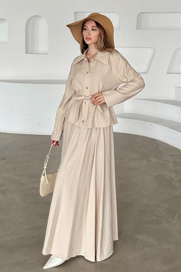 Belt Detailed Skirt and Jacket Set IVORY 9348-TK