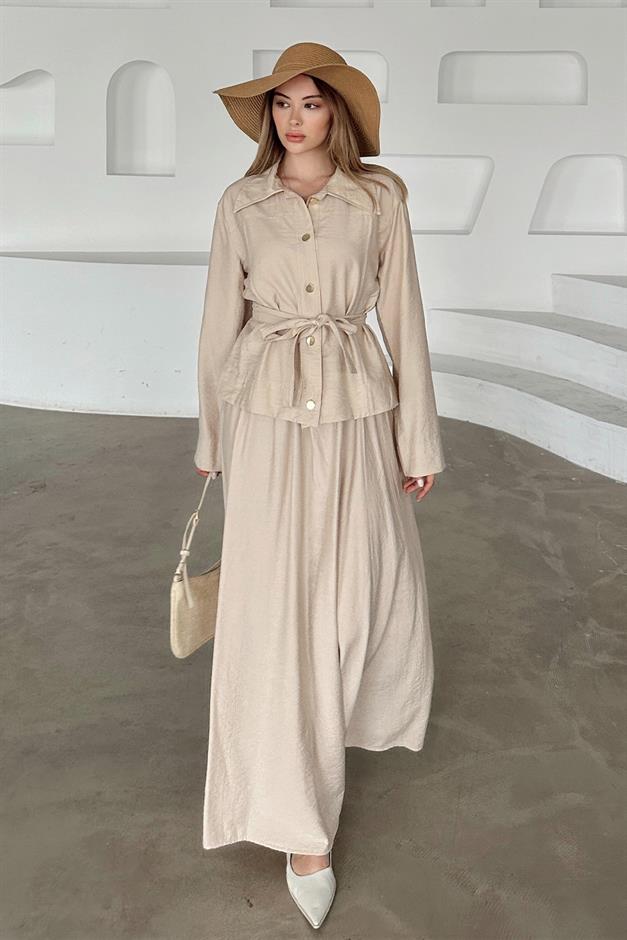 Belt Detailed Skirt and Jacket Set IVORY 9348-TK