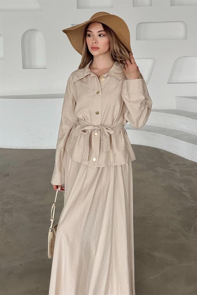 Belt Detailed Skirt and Jacket Set IVORY 9348-TK