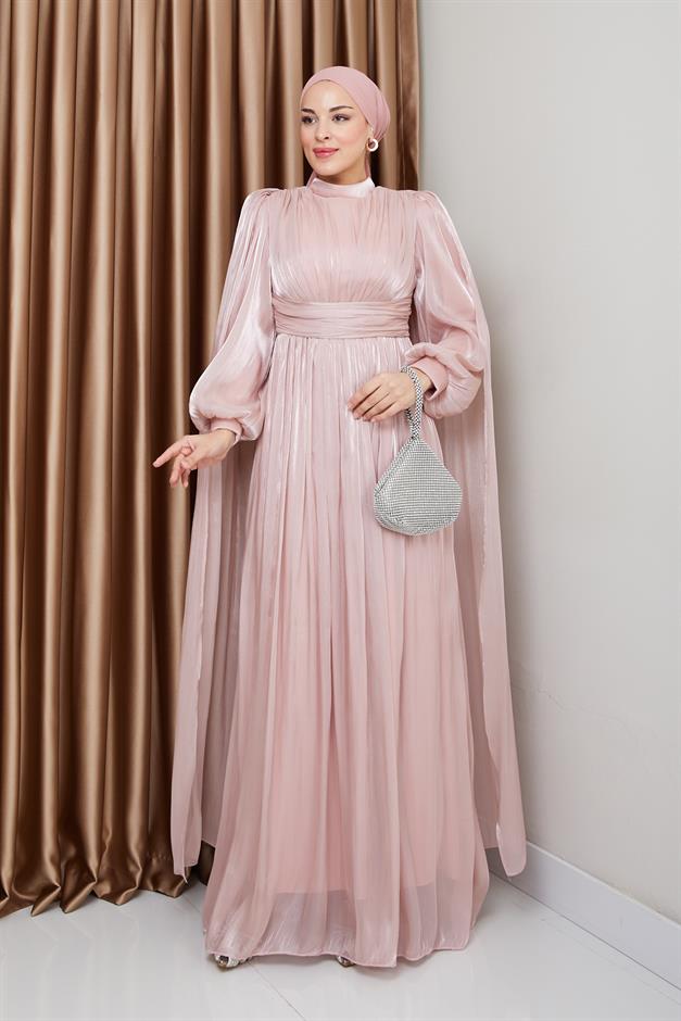 فستان سهرة حرير من يورغو مع وشاح وتفاصيل عباءة مسحوق 1237