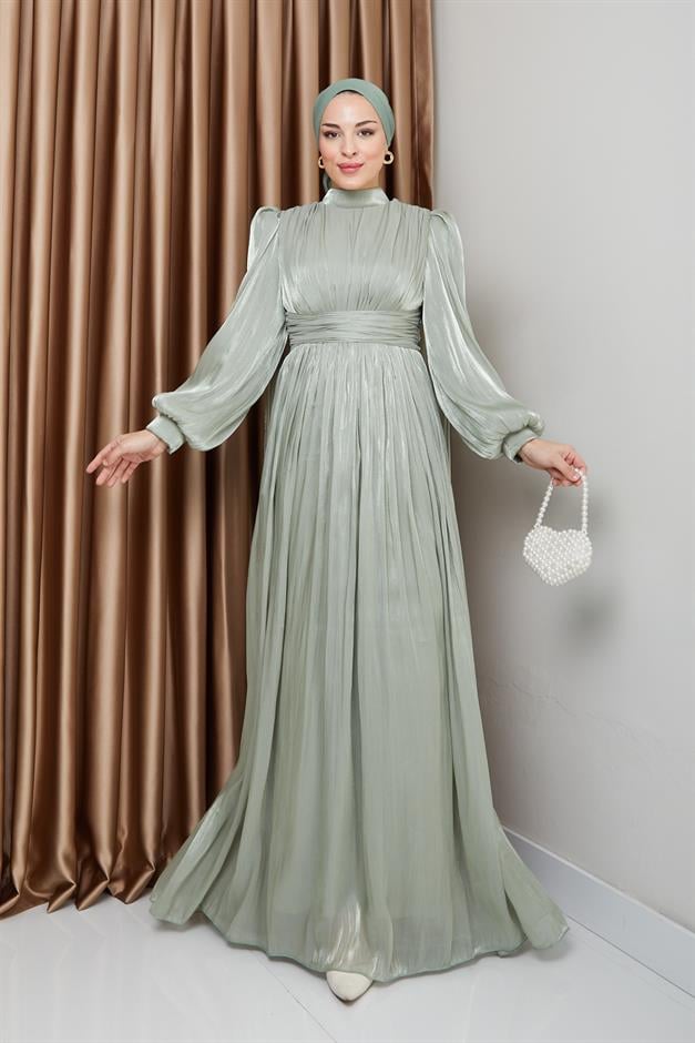 فستان سهرة حرير من يورغو مع وشاح وتفاصيل عباءة أخضر فاتح 1237