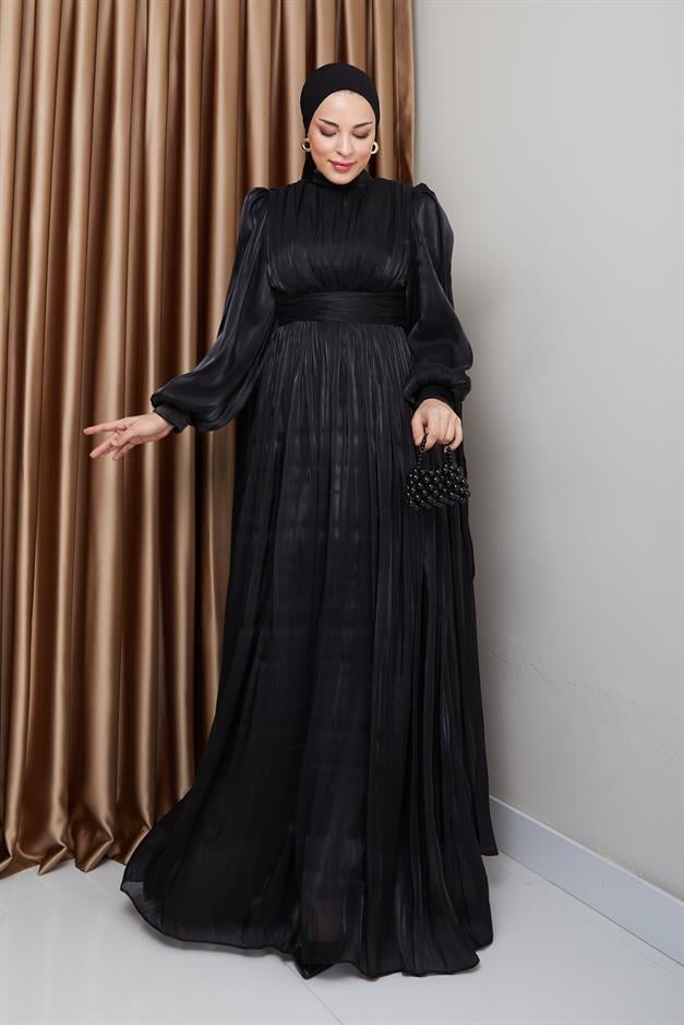 فستان سهرة حرير من يورغو مع وشاح وتفاصيل عباءة أسود 1237