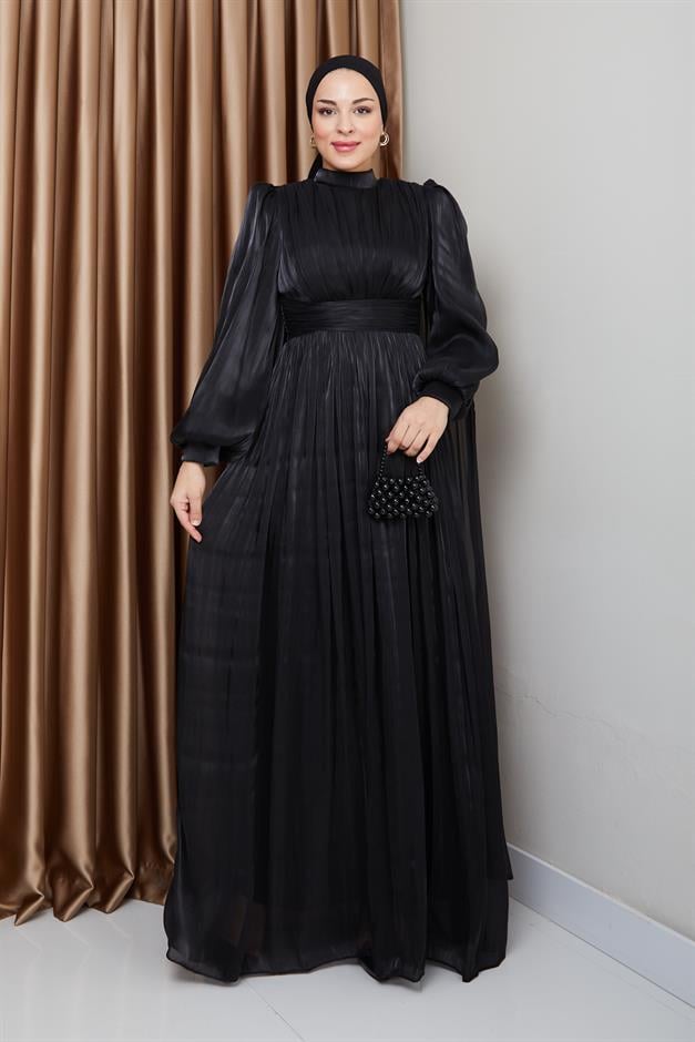 فستان سهرة حرير من يورغو مع وشاح وتفاصيل عباءة أسود 1237