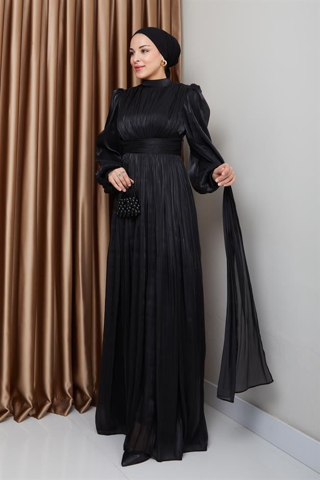 فستان سهرة حرير من يورغو مع وشاح وتفاصيل عباءة أسود 1237