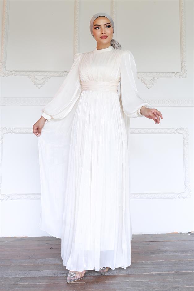 فستان سهرة حرير من يورغو مع وشاح وتفاصيل عباءة العاج 1237