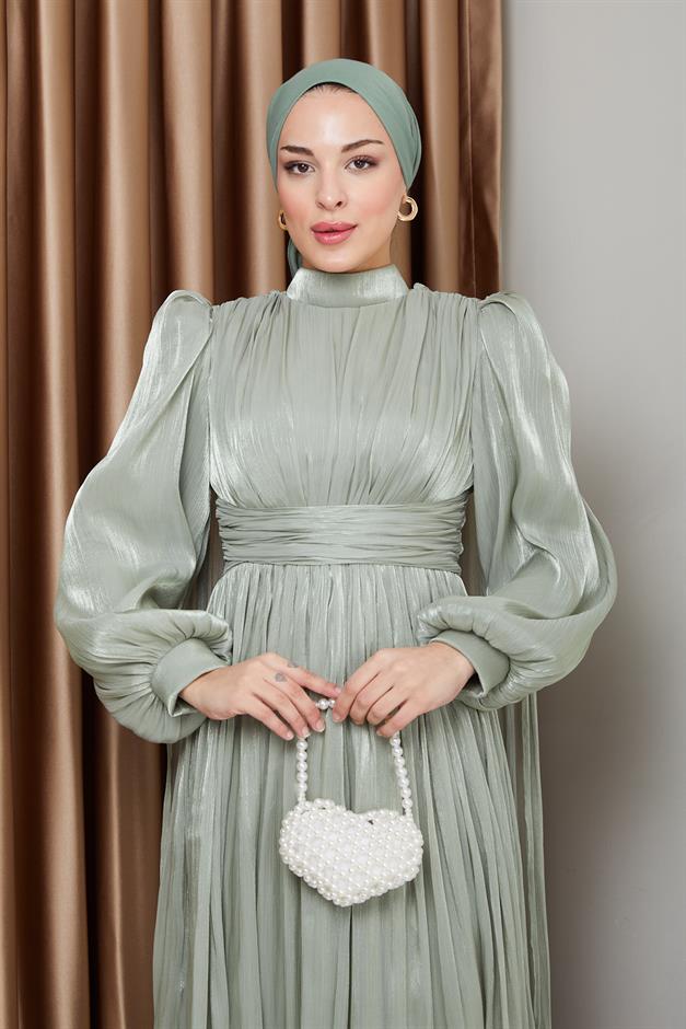 فستان سهرة حرير من يورغو مع وشاح وتفاصيل عباءة أخضر فاتح 1237