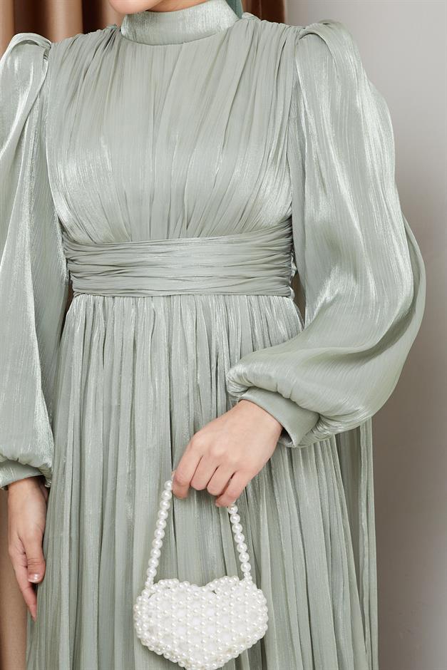 فستان سهرة حرير من يورغو مع وشاح وتفاصيل عباءة أخضر فاتح 1237