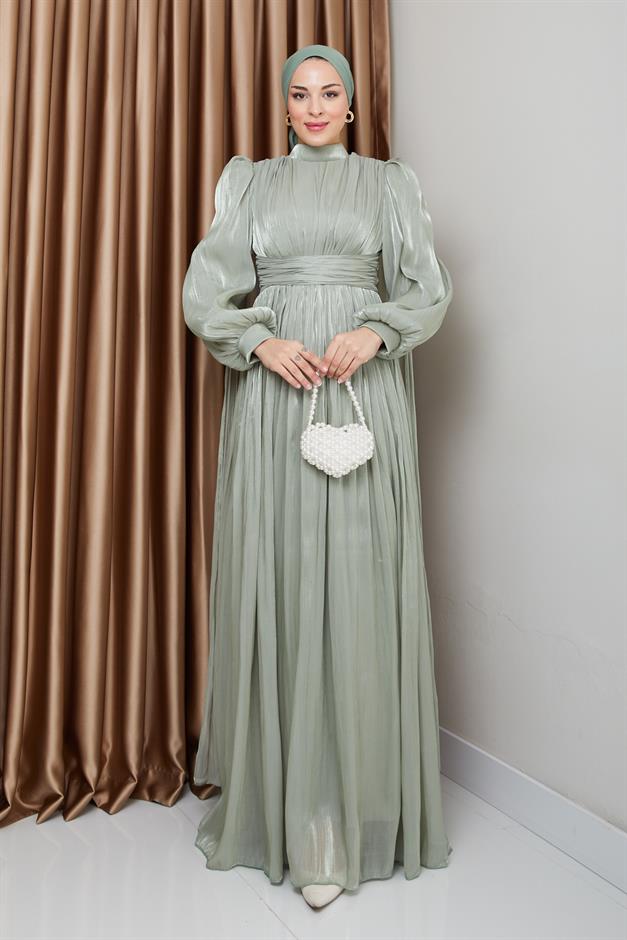 فستان سهرة حرير من يورغو مع وشاح وتفاصيل عباءة أخضر فاتح 1237