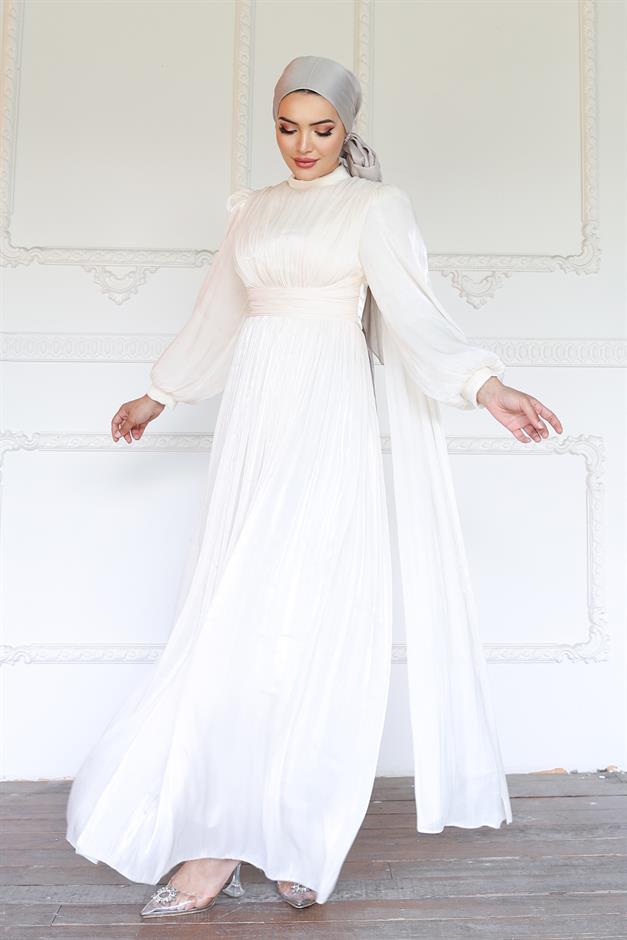 فستان سهرة حرير من يورغو مع وشاح وتفاصيل عباءة العاج 1237