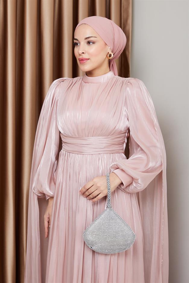 فستان سهرة حرير من يورغو مع وشاح وتفاصيل عباءة مسحوق 1237