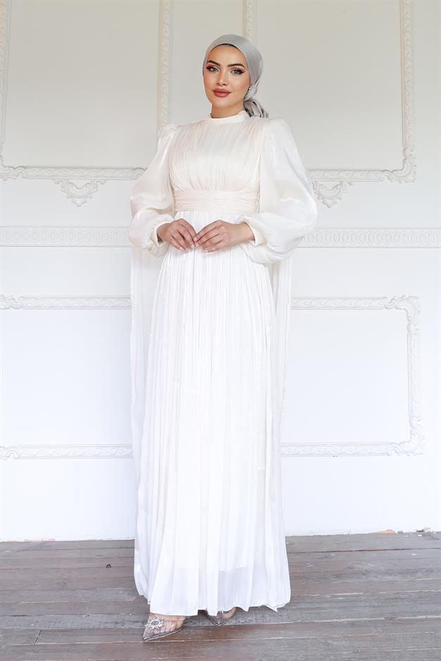 فستان سهرة حرير من يورغو مع وشاح وتفاصيل عباءة العاج 1237