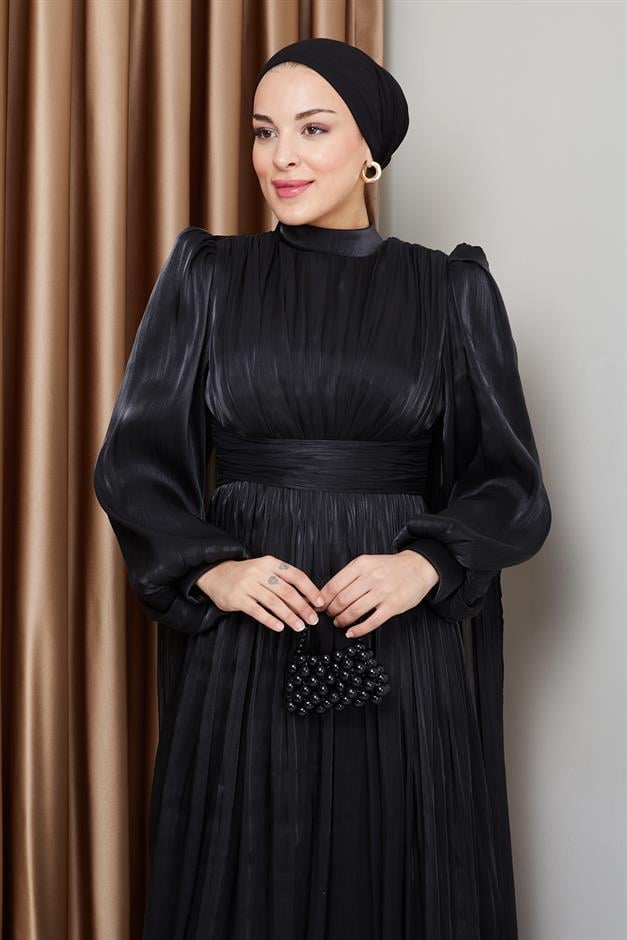 فستان سهرة حرير من يورغو مع وشاح وتفاصيل عباءة أسود 1237