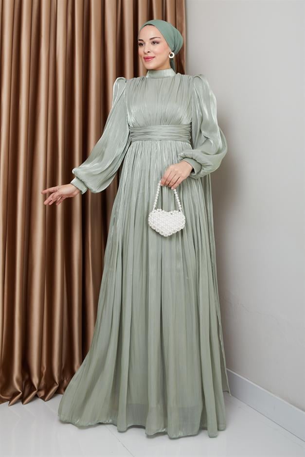 فستان سهرة حرير من يورغو مع وشاح وتفاصيل عباءة أخضر فاتح 1237