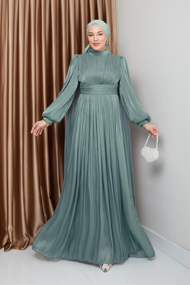 فستان سهرة حرير من يورغو مع وشاح وتفاصيل عباءة أخضر مائي 1237