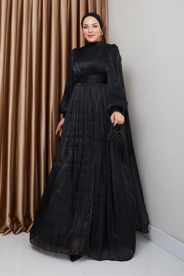 فستان سهرة حرير من يورغو مع وشاح وتفاصيل عباءة أسود 1237