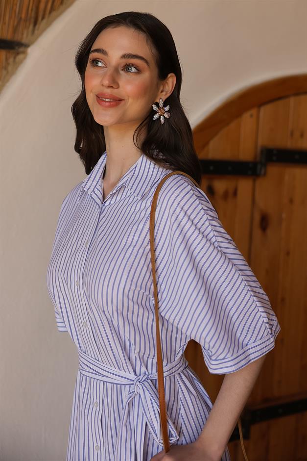 Belted Short Sleeve Striped Poplin Dress WHITE 9317-E