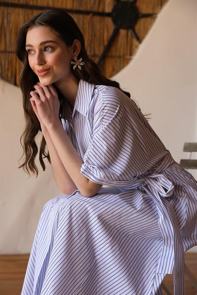 Belted Short Sleeve Striped Poplin Dress WHITE 9317-E