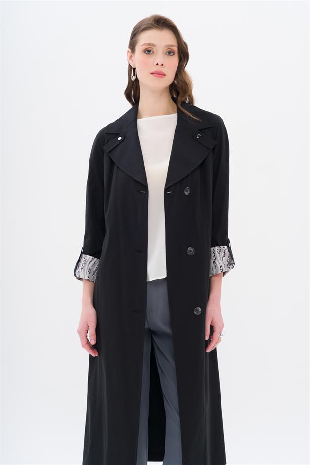 Half-Lined Trench Coat with Leopard Pattern Detail BLACK 6713