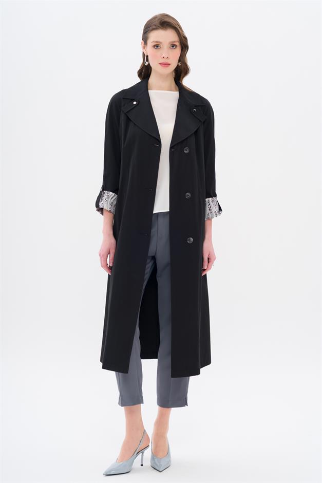 Half-Lined Trench Coat with Leopard Pattern Detail BLACK 6713