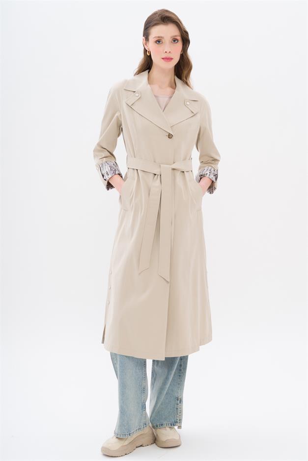 Half-Lined Trench Coat with Leopard Pattern Detail STONE 6713