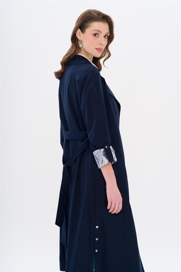 Half-Lined Trench Coat with Leopard Pattern Detail NAVY 6713
