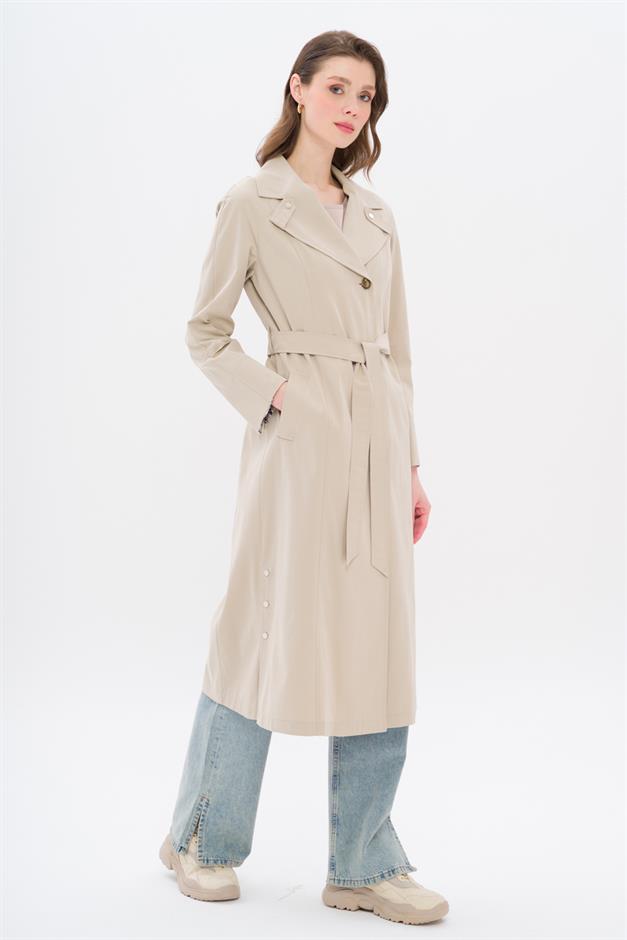 Half-Lined Trench Coat with Leopard Pattern Detail STONE 6713