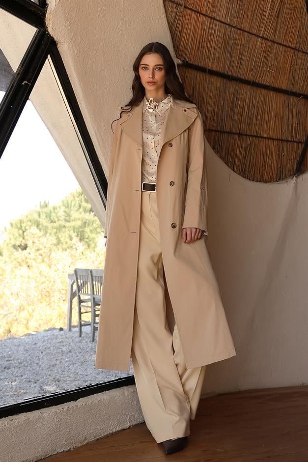 Half-Lined Trench Coat with Leopard Pattern Detail IVORY 6713