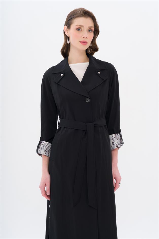 Half-Lined Trench Coat with Leopard Pattern Detail BLACK 6713
