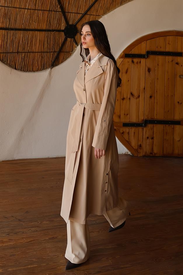 Half-Lined Trench Coat with Leopard Pattern Detail IVORY 6713