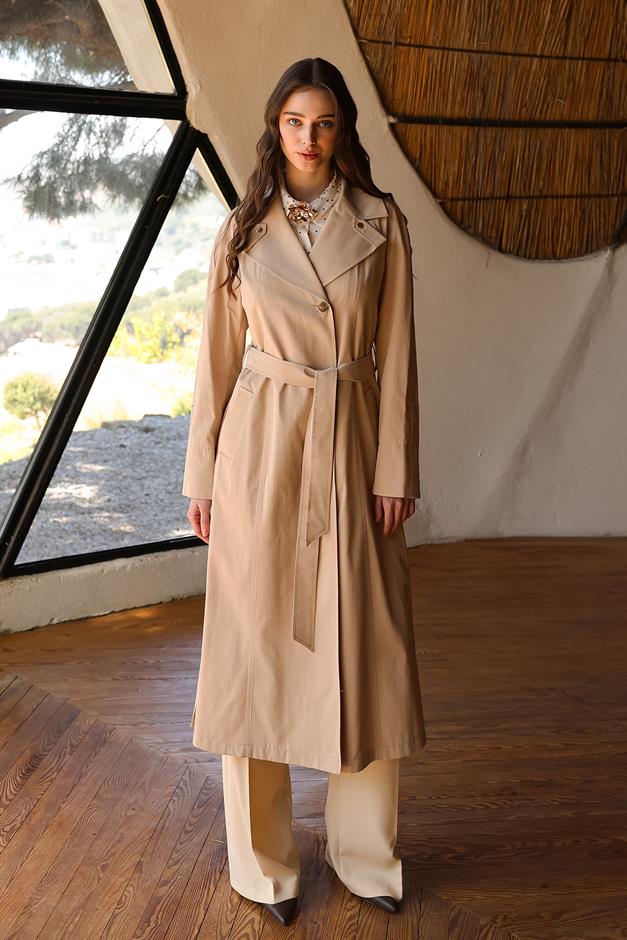 Half-Lined Trench Coat with Leopard Pattern Detail IVORY 6713