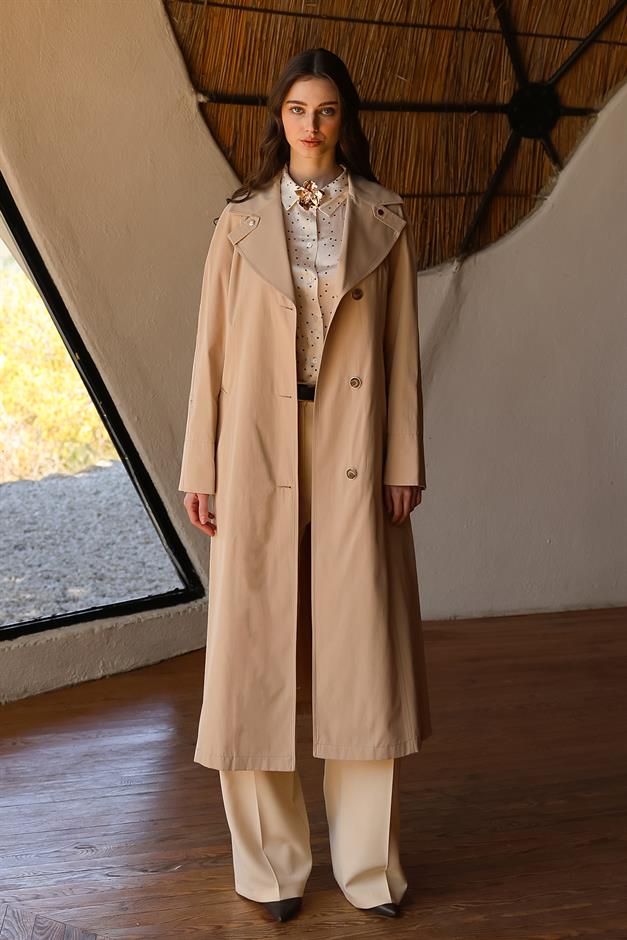 Half-Lined Trench Coat with Leopard Pattern Detail IVORY 6713