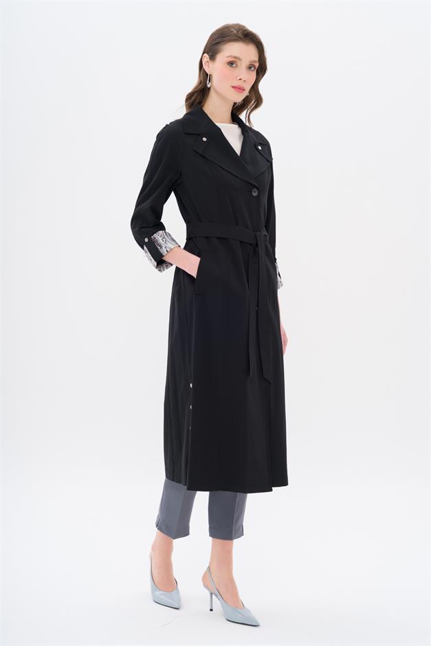 Half-Lined Trench Coat with Leopard Pattern Detail BLACK 6713
