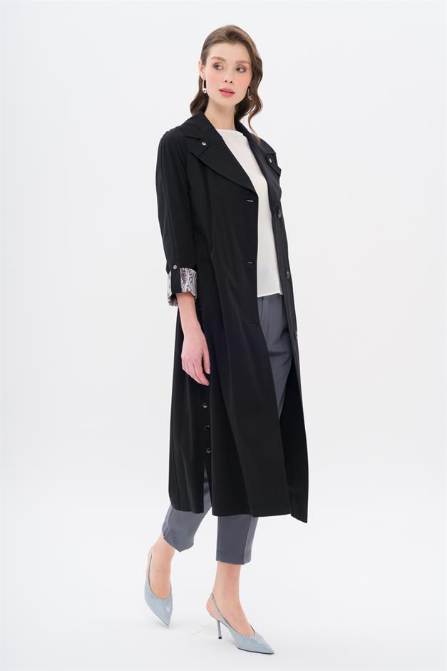 Half-Lined Trench Coat with Leopard Pattern Detail BLACK 6713