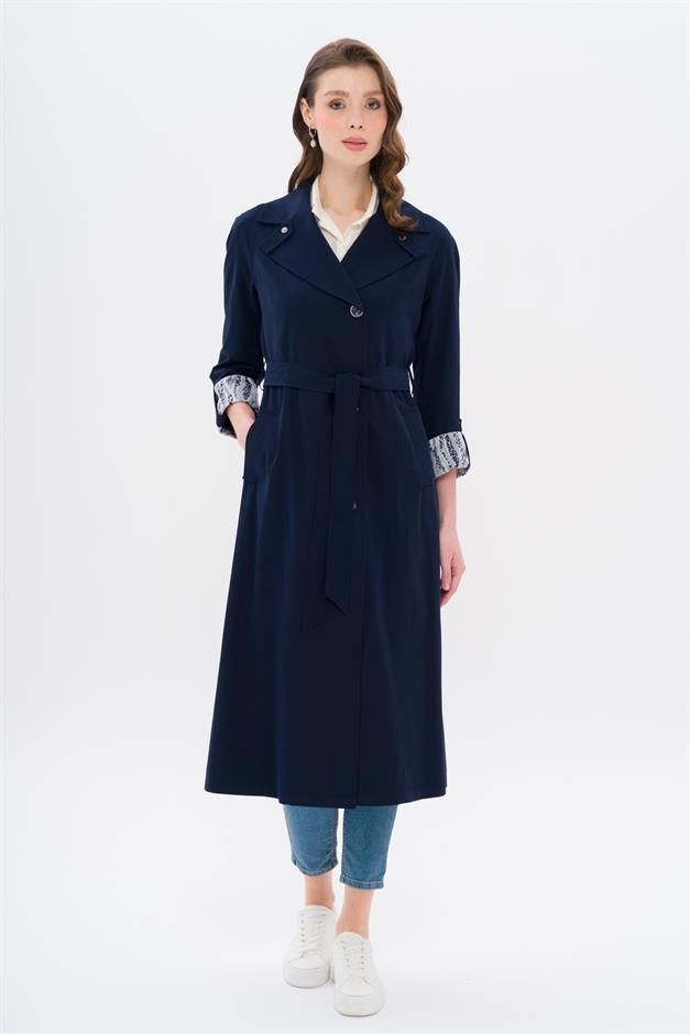 Half-Lined Trench Coat with Leopard Pattern Detail NAVY 6713